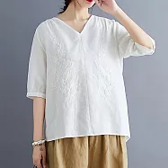 【ACheter】甜美山梨繡花棉麻寬鬆V領五分袖上衣#109528- L 白