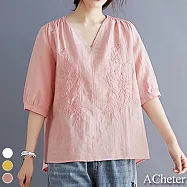 【ACheter】甜美山梨繡花棉麻寬鬆V領五分袖上衣#109528- 2XL 粉紅
