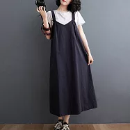 【ACheter】日本富士山V領吊帶寬鬆棉麻長洋裝#109474- FREE 藏青