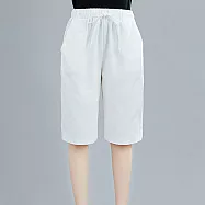 【ACheter】純色百搭超顯瘦輕鬆高腰抽繩棉麻五分寬直筒短褲#109674- L 白