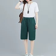 【ACheter】純色百搭超顯瘦輕鬆高腰抽繩棉麻五分寬直筒短褲#109674- L 綠