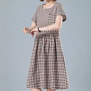 【ACheter】日式大小格拼接寬鬆棉麻洋裝#109964- 2XL 卡其