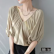 【Jilli~ko】V領皺褶感氣質雪紡衫 21D1997  FREE 杏色
