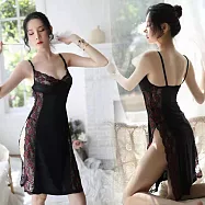 【唯蜜色】蕾絲性感吊帶修身旗袍情趣內睡居家服 黑紅色