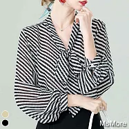 【MsMore】高端時尚洋氣女襯衫設計感條紋長袖雪紡上衣#110389- M 黑白