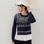 【慢。生活】圖騰印花假兩件拼接衛衣 2905  FREE 深藍色