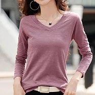 【MsMore】竹節棉v領寬鬆內搭t恤短版上衣#110767- XL 紫