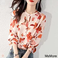 【MsMore】新品淑女百搭優雅印花雪紡襯衫#111677- L 橘
