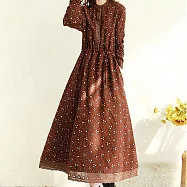 【ACheter】森林系復古風碎花蕾絲邊收腰顯瘦寬鬆洋裝#111752- XL 咖