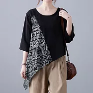 【ACheter】文藝印花不規則擺寬鬆上衣#112087- L 黑