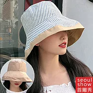 seoul show首爾秀 雙面戴條紋漁夫帽防曬遮陽帽 卡其