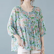 【ACheter】甜美洋氣碎花高端麻棉蓬蓬中袖大碼上衣#112150- L 藍