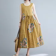 【ACheter】花開富貴大碼收腰棉麻背心洋裝#112209- M 黃