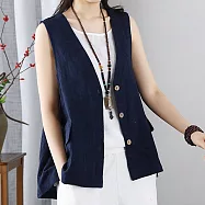 【ACheter】 桃莓時節空調寬鬆休閒顯瘦棉麻背心外套#112223- XL 藏青