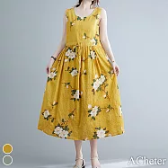 【ACheter】 弗羅倫斯大碼碎花收腰棉麻背心洋裝# 112208 M 黃色