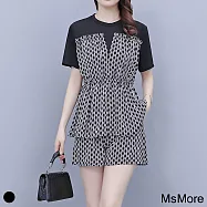 【MsMore】 大碼拼接雪紡收腰豎條顯瘦短褲2件式套裝# 112295 L 黑色