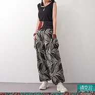 潘克拉 | 泰國葉片石洗花布半鬆緊手工織口袋中性款燈籠褲 TM1360 FREE 黑色
