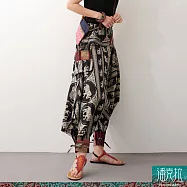 潘克拉 | 泰國大象花布繫繩手工織口袋中性款帥氣束腳飛鼠褲 TM1363 FREE 黑色