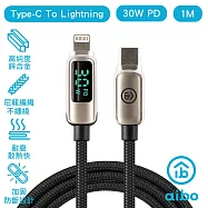 aibo 真。極速Type-C to Lightning PD30W數位顯示快充傳輸線(1M) 銀色