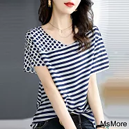 【MsMore】 趣味色彩條紋波點拼接結構感造型V領短袖印花上衣# 112779 M 藍色