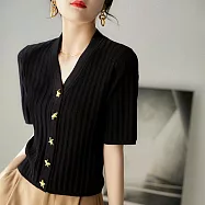 【MsMore】 溫柔又俐落法式短袖V領星星扣針織上衣# 112787 FREE 黑色