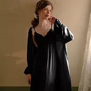 【唯蜜色】細肩帶氣質蕾絲深V透視冰絲女用長款睡裙 經典黑