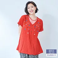 【潘克拉】假兩件手工花朵刺繡捲皺純棉小衫 TM587 FREE 紅色