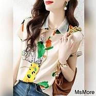 【MsMore】 抽象印花歐根雪紡時尚氣質印花襯衫上衣# 112982 XL 彩色