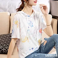 【MsMore】 時尚氣質寬鬆印花短袖連帽百搭上衣# 113110 M 白色