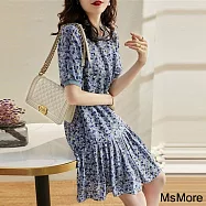 【MsMore】 法式碎花氣質天滑絲百褶裙擺洋裝# 113122 L 藍色