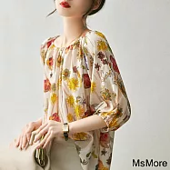【MsMore】 明媚油畫 一字領雙縐涼感絲寬鬆印花上衣# 113143 L 花紋