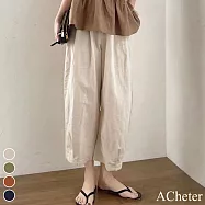 【ACheter】 日雜誌百搭鬆緊腰棉麻涼爽九分寬褲# 113156 L 杏色