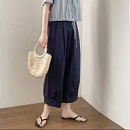 【ACheter】 日雜誌百搭鬆緊腰棉麻涼爽九分寬褲# 113156 M 藏青