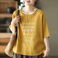 【ACheter】 大碼涼爽魚刺繡寬鬆棉麻五分袖上衣# 113391 FREE 黃色