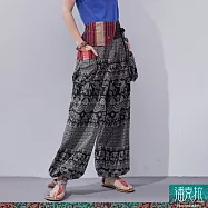 潘克拉 | 泰國大象圖紋花布半鬆緊手工織口袋中性款燈籠褲 TM1356 FREE 黑色