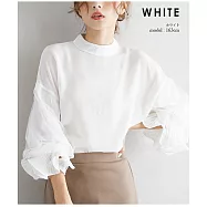 【ACheter】 初秋新款七分拼接荷葉花瓣袖圓立領寬鬆網紗雪紡中長版上衣# 113667 M 白色