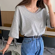 【ACheter】 日韓純棉短袖T恤v領側邊開叉純色中長版寬鬆上衣 # 113757 L 灰色