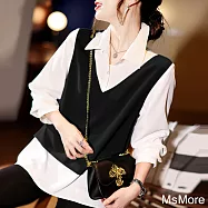 【MsMore】 秋季新款寬鬆顯瘦大碼氣質百搭休閒長袖襯衫背心假兩件中長版上衣# 113678 L 黑色