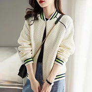 【MsMore】 秋季新款棒球領長袖拉鍊微彈嵌條休閒短款夾克寬鬆外套# 113675 L 白色