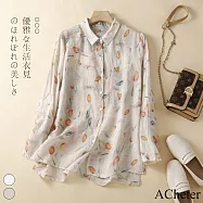 【ACheter】 秋裝新款高端莥麻感印花襯衫寬鬆休閒襯衫長袖中長版上衣外罩# 113739 XL 粉紅色