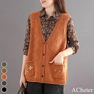 【ACheter】 秋冬新品V領純色寬鬆繡花針織背心上衣外套# 113570 FREE 橘色