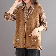 【ACheter】 秋冬新品V領純色寬鬆繡花針織背心上衣外套# 113570 FREE 卡其