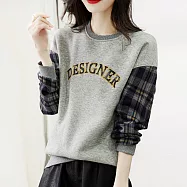 【MsMore】 秋新款貼布繡字母格紋拼接圓領落肩長袖微彈寬鬆棉T中長版上衣# 113674 L 灰色