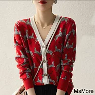 【MsMore】 歐洲紅色針織V領開衫時尚小馬撞色毛衣長袖短版外套# 113860 FREE 紅色