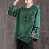 【ACheter】 春秋季圓領寬鬆大碼百搭不規則口袋長袖大碼棉T中長上衣# 113870 XL 綠色