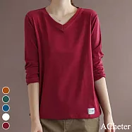 【ACheter】 V領純色百搭長袖t恤大碼寬鬆顯瘦簡約中長上衣 # 113934 L 紅色