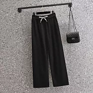 【MsMore】 大碼微胖定制秋冬鬆緊高腰抽繩休閒直筒百搭顯瘦九分長寬褲# 113972 L 黑色