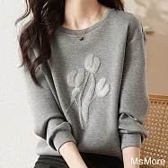 【MsMore】 新款簡約時尚灰色立體裝飾亮片空氣層百搭圓領質感T短版上衣 # 113983 L 灰色