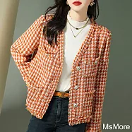 【MsMore】 韓版小香風V領毛邊千鳥格單排扣長袖時尚休閒寬鬆上衣短外套 # 113865 L 橘色