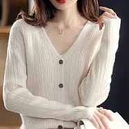 【ACheter】 秋冬新款羊毛開衫v領寬鬆針織短版毛衣外套# 113894 FREE 米色